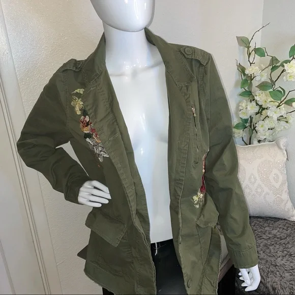 Military Green Embroidered Rose Jacket Cargo Utility Ashley by 26 International - Picture 9 of 10